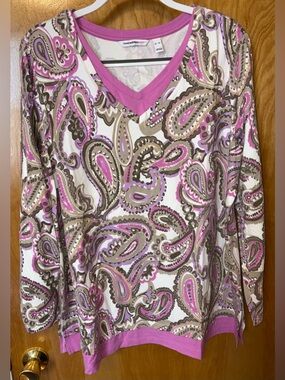 Isaac Mizrahi LIVE! purple/taupe paisley print cotton blend long sleeve top XL